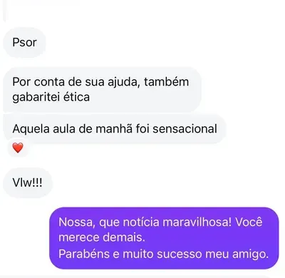 Mensagem de aluno: por conta de sua ajuda, também gabaritei ética