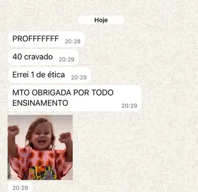 Mensagem de aluna: 40 cravado, errei 1 de ética, muito obrigada por todo ensinamento