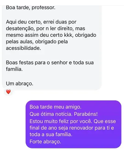 Mensagem de aluno: aqui deu certo, obrigado pelas aulas